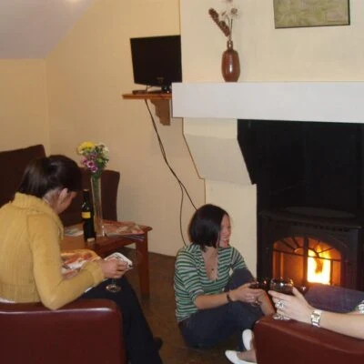 An Creagán (3 bedroom) – Copney - friends chilling by an open fire in living room area